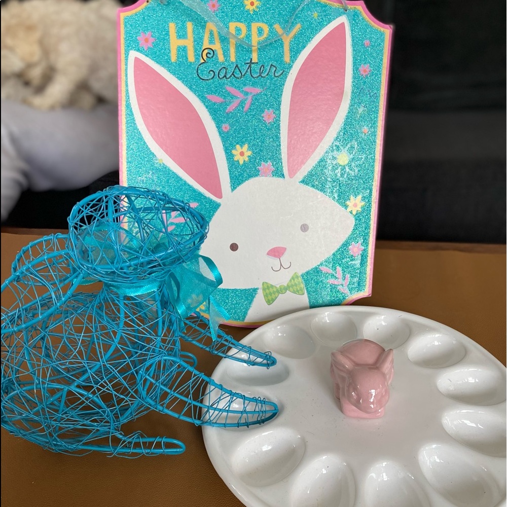 Ceramic Deviled egg Easter dish, Easter metal statue and Easter plaque.